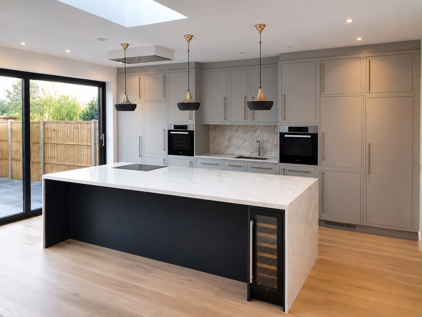 Grey Shaker Kitchen with Brass Pendants
